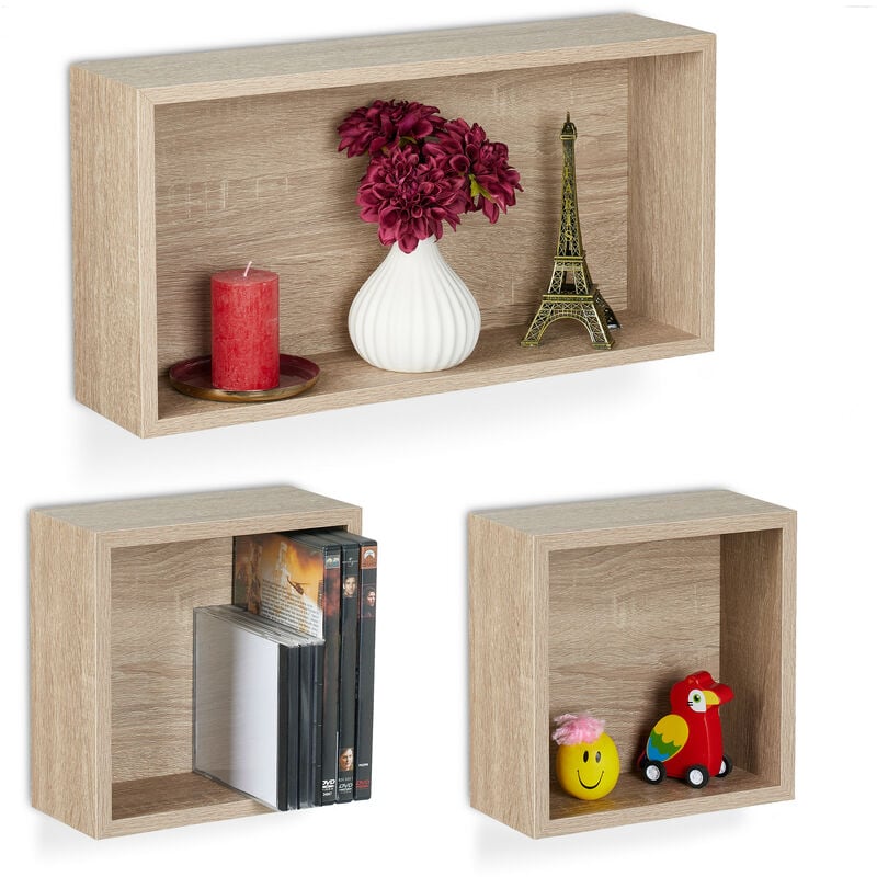Tagère murale carrée, lot de 3, aspect bois, 2 tailles, rectangulaire & carré, rangement mural cube, nature - Relaxdays