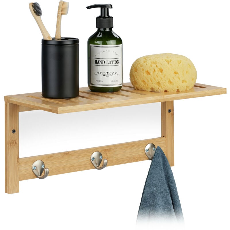 Tagère murale crochets, bambou, HxLxP: 18x37,5x16 cm, accroche-serviettes, portemanteau, 3 patères, nature - Relaxdays