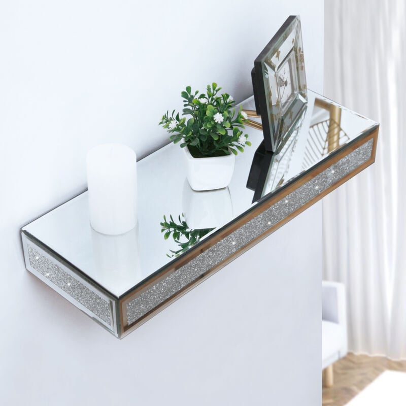 Tagère Murale Flottante en Miroir,-38x15x5,5 cm-Argent-Cadre diamant cristal-Style mode moderne Shyfoy