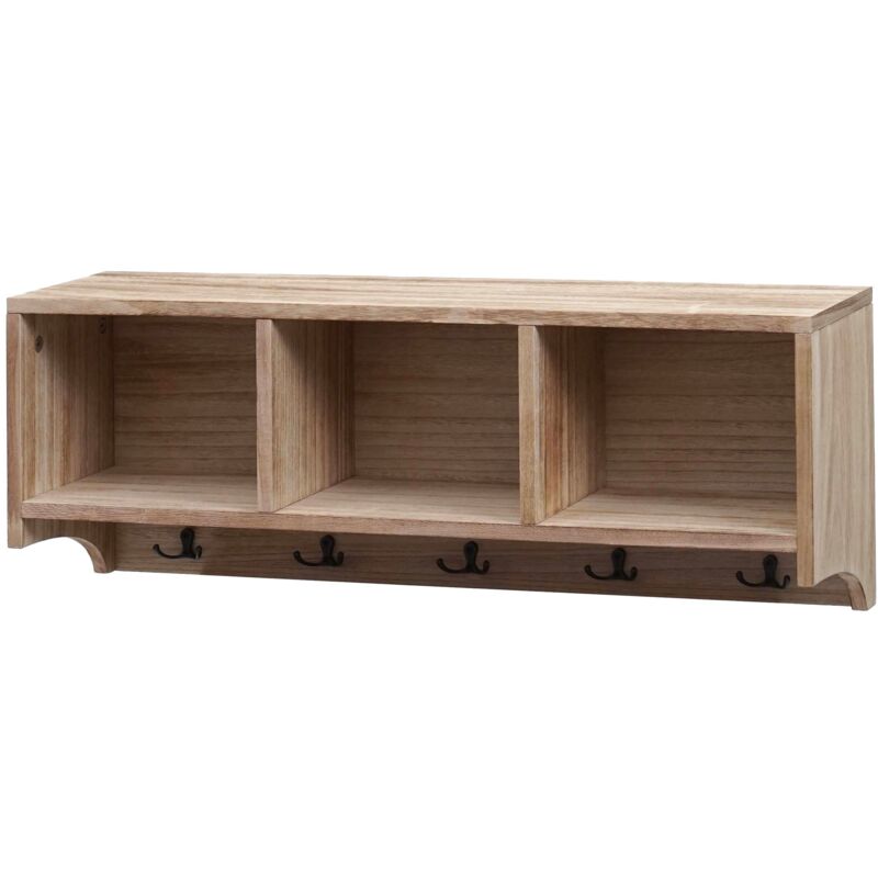 HHG - jamais utilisé] Étagère murale 412, portemanteau mural Étagère, 3 compartiments de rangement 5 crochets 30x80x20cm bois, brun naturel