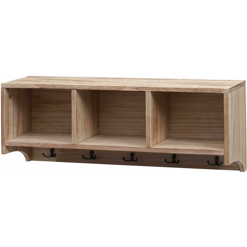 HHG - tagère murale 412, portemanteau mural Étagère, 3 compartiments de rangement 5 crochets 30x80x20cm bois, brun naturel