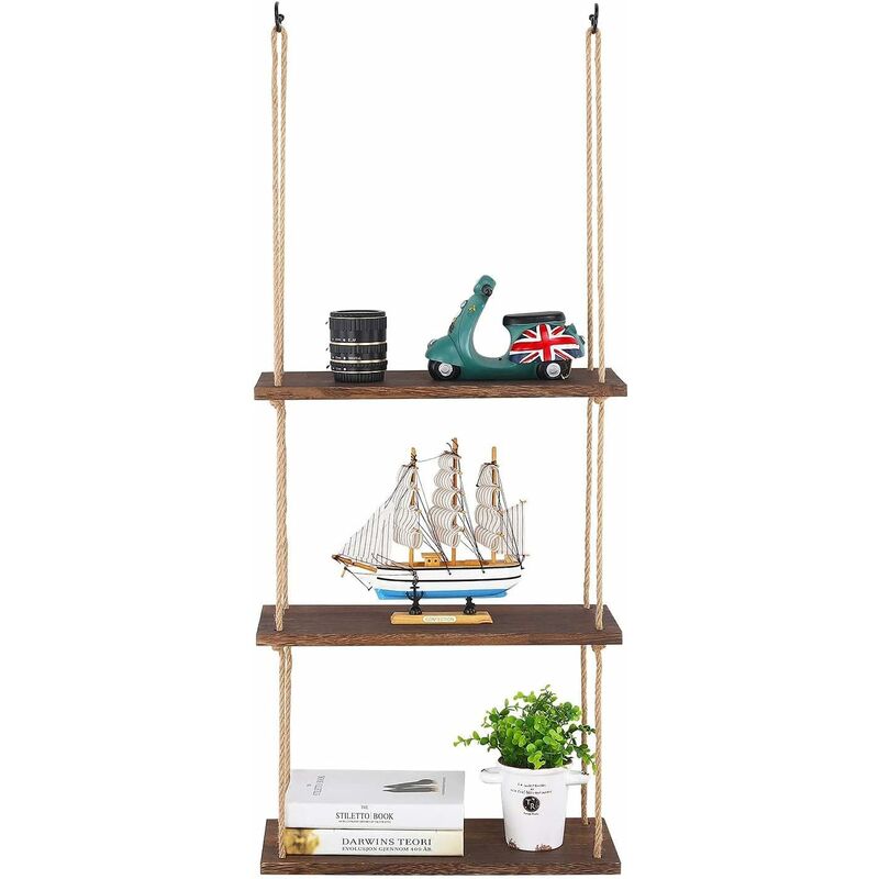 Tagère Murale Suspendue Étagère Flottante en Bois avec Corde Rangement Murale à 3 Niveaux