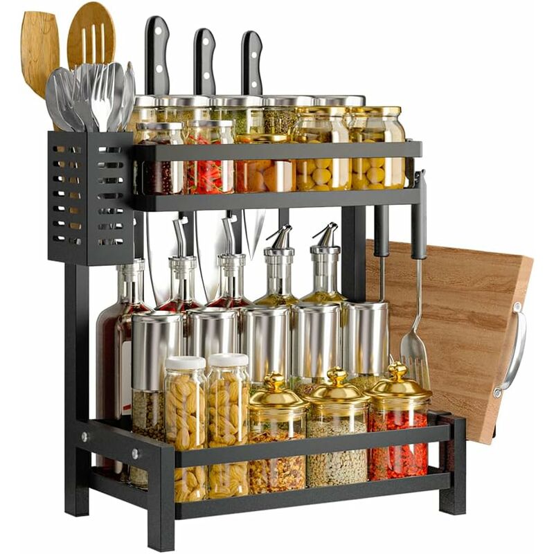 Tagère à épices à 2 Niveaux en Acier Inoxydable pour Rangement de Cuisine, Porte-épices, Organisateur de Cuisine pour Comptoir avec porte-ustensiles,