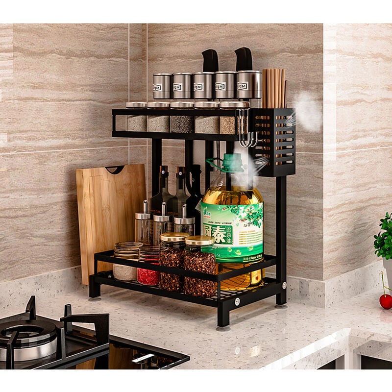 Tagère à Epice - 2 Niveaux - Stockage d'assaisonnement Acier Inoxydable - 342141.7cm - Noir