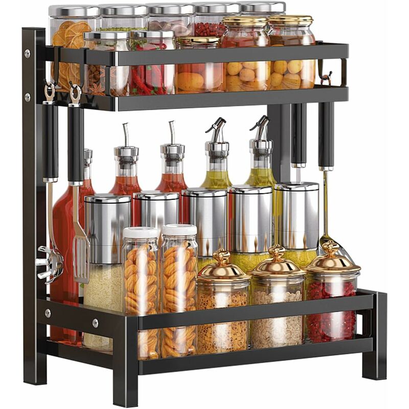 Tagère à épices Antirouille à 2 Niveaux pour Rangement de Cuisine, Porte-épices, Organisateur de Cuisine pour Comptoir avec Crochets, Noir, 32 20 40cm