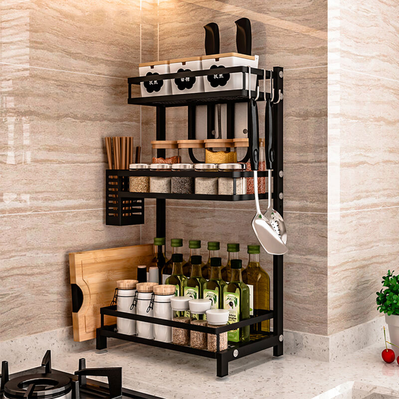 Skecten - tagère à Épices, Porte-Épices en Acier à 3 Couches Étagère de Rangement pour Cuisine Avec Panier à Baguettes, Porte-Couteau, Porte-Planche