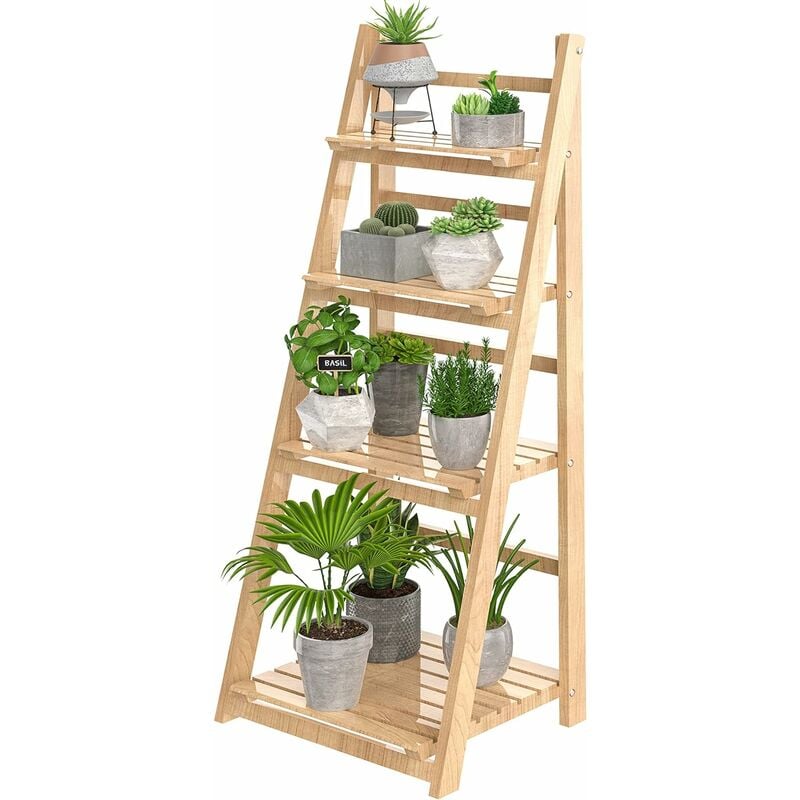 Tagère pliable en bois à 4 niveaux pour plantes - Installation gratuite - Étagère d'angle de rangement pour jardin, balcon, salon - Naturel