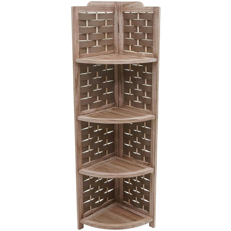 Etagère d'angle HWC-K85 pliable 4 étagères - bois de paulownia 110cm - brun - tressage brun