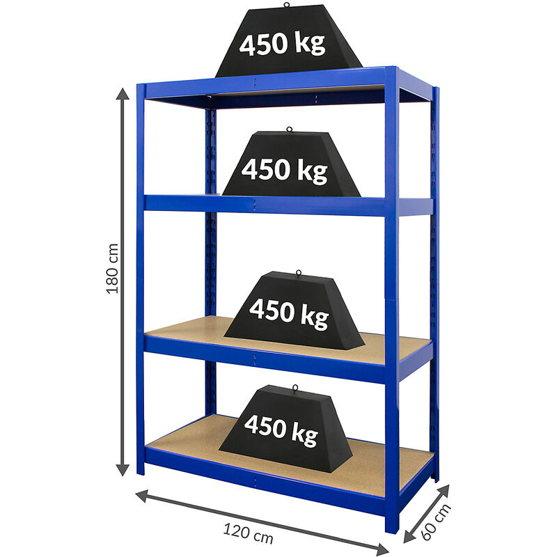 Certeo - tagère pour charges lourdes | HxLxP 180 x 120 x 60 cm | 450 kg par niveau | Garage et atelier - Bleu