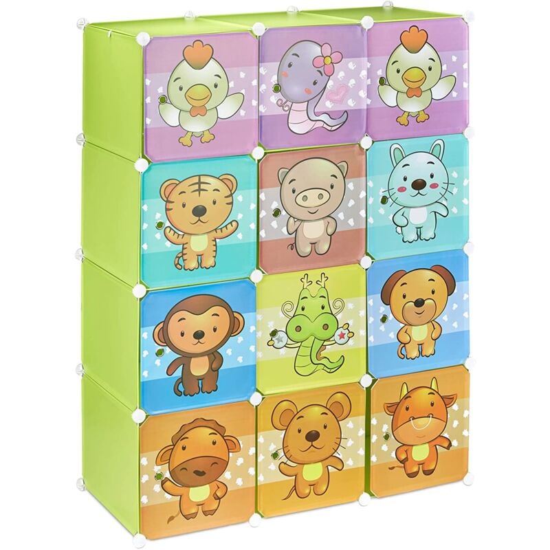 Tagère rangement enfants casier modulable plastique animaux penderie armoire vert