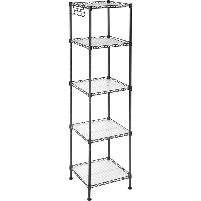 Tagère Salle de Bain, Étagère d'Angle en Métal, Capacité 100 kg, 5 Planches en Plastique, Crochets, 30 x 30 x 123,5 cm, Extensible, Petit Espace,