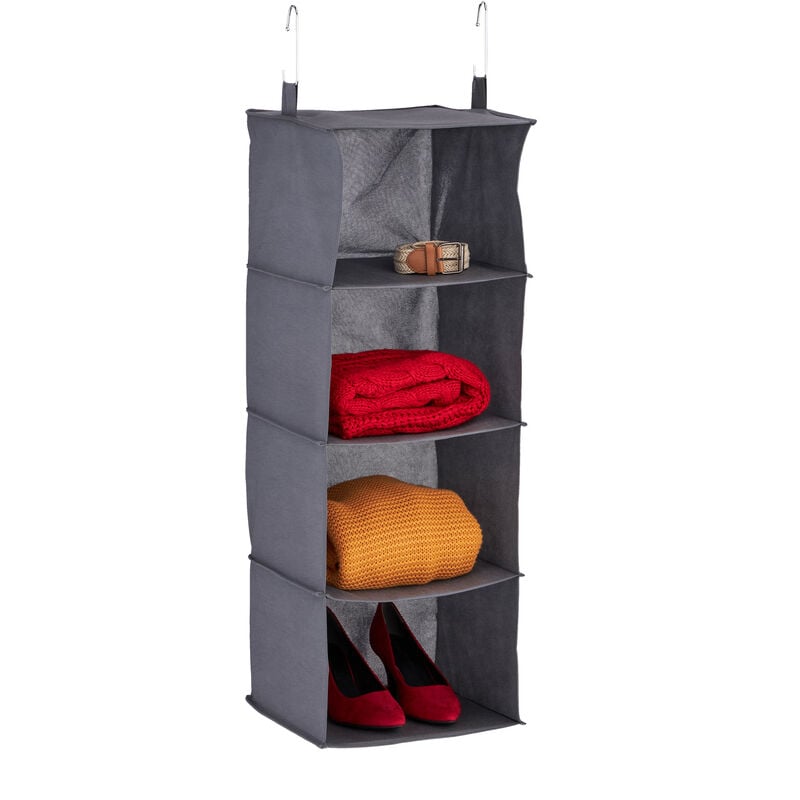 Tagère suspendue, 4 compartiments, tissu, 2 crochets, rangement à accrocher, hlp : 97 x 30 x 30 cm, grise - Relaxdays