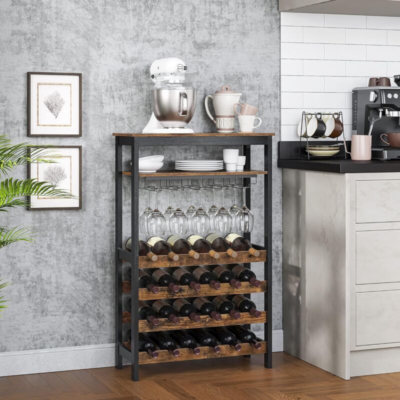 Songmics - tagère à Vin 24 Bouteilles, Meuble Rangement avec 5 Rangées Porte-Verres, pour Cuisine, Bar, Salle à Manger, Cave, Marron Rustique et Noir