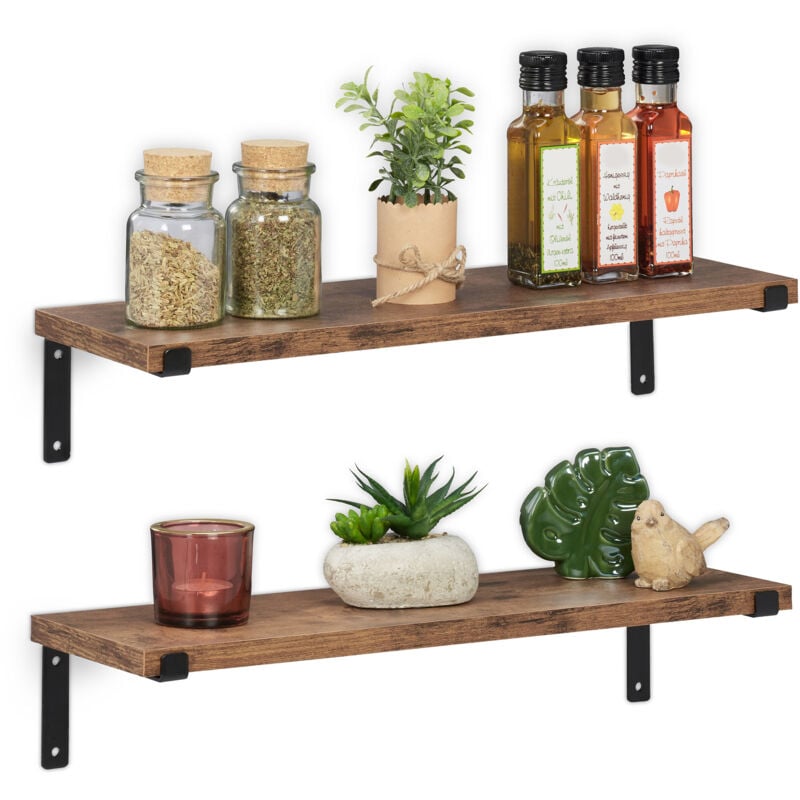 Tagères murales style industriel, lot de 2, rangements, LxP: 48 x 15,5 cm, métal & aspect bois, marron-noir - Relaxdays