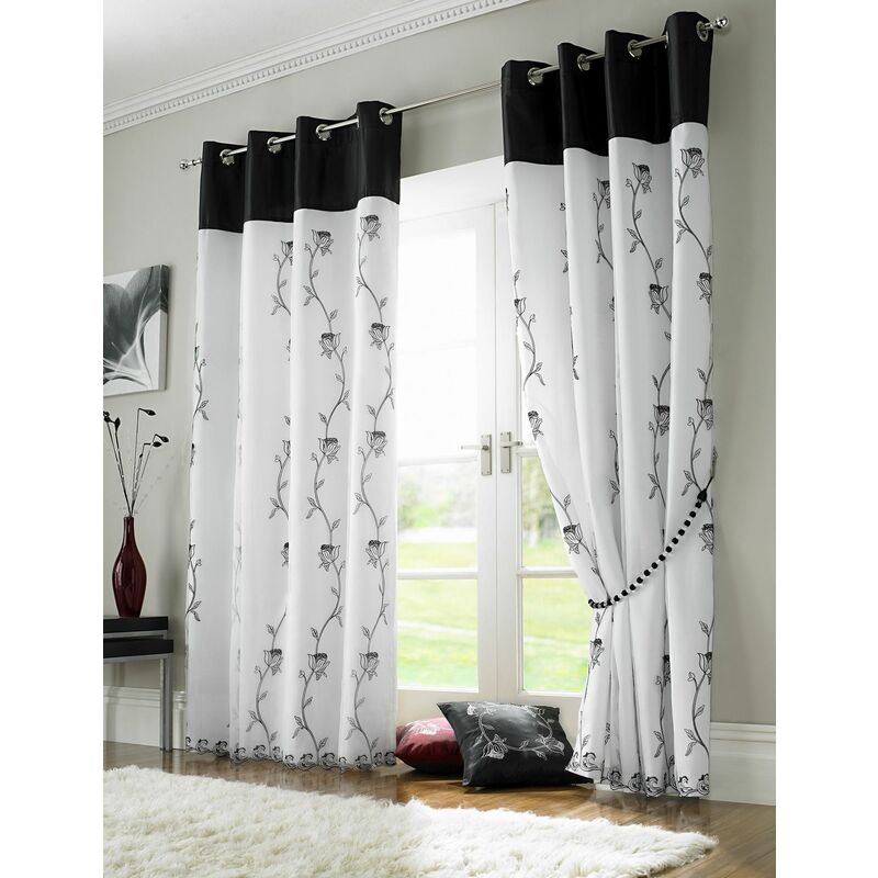 Tahiti Eyelet Curtains Embroidered Lined Voile Black/White 56x90"
