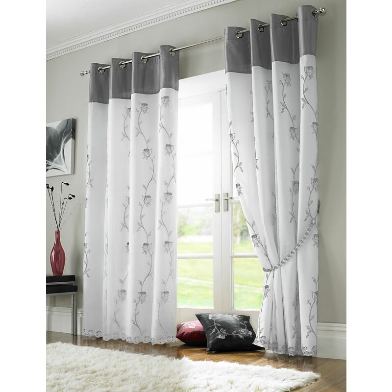 Tahiti Eyelet Curtains Embroidered Lined Voile Silver 56x54'