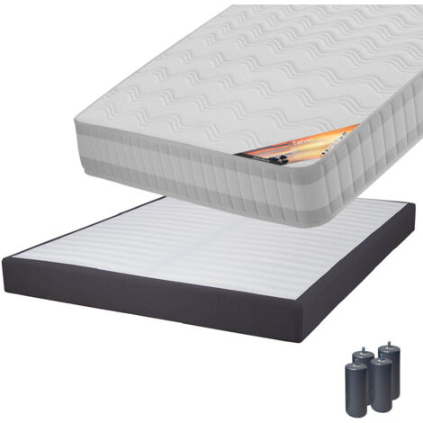 TAHITI - Pack Matelas 140x190 + Sommier Tapissier Démontable 2x20 Lattes Anthracites + Pieds Anthracites 15cm