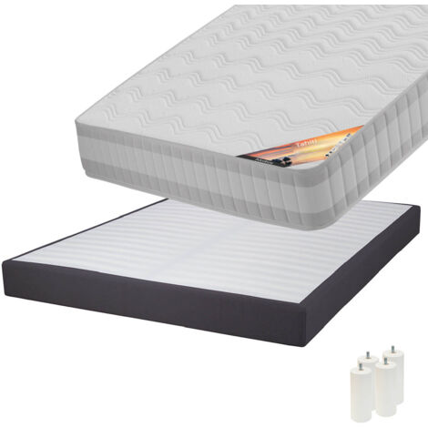 TAHITI - Pack Matelas 160x200 + Sommier Tapissier Démontable 2x20 Lattes Anthracites + Pieds Blancs 15cm