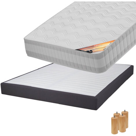 TAHITI - Pack Matelas 160x200 + Sommier Tapissier Démontable 2x20 Lattes Anthracites + Pieds Bois 15cm