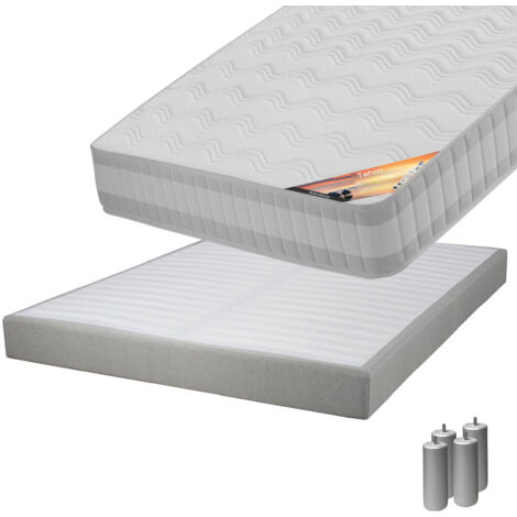 TAHITI - Pack Matelas 160x200 + Sommier Tapissier Démontable 2x20 Lattes Lin + Pieds Argent 15cm