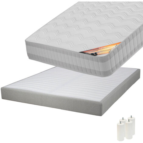TAHITI - Pack Matelas 160x200 + Sommier Tapissier Démontable 2x20 Lattes Lin + Pieds Blancs 15cm