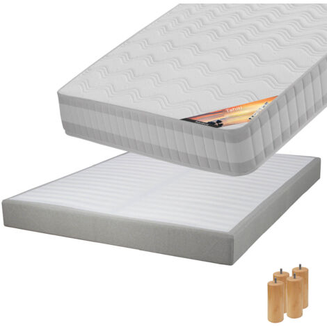 TAHITI - Pack Matelas 160x200 + Sommier Tapissier Démontable 2x20 Lattes Lin + Pieds Bois 15cm