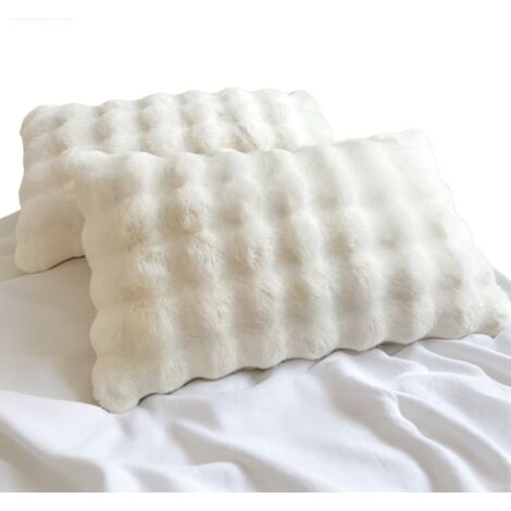 Taie D Oreiller Fourrure Synthetique - 19x29 Pouces - Fermeture Eclair - Velours Revers - Beige - Lot De 2