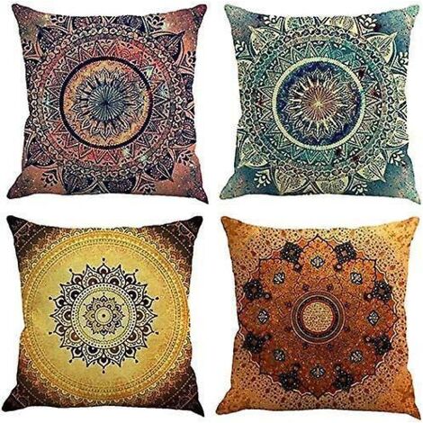 taie D'oreiller, 45 X 45 Cm Lot De 4 En Coton Et Lin Imprim Indien Hippie Bohmien Color Mandala Fleur Housse De Coussin Carr Pour Lit Voiture De