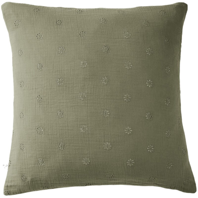 Terre De Nuit - Taie d'oreiller brodée double gaze de coton kaki 60x60 cm