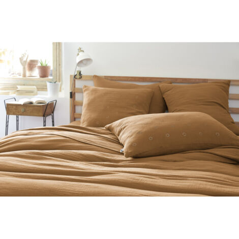 Taie d'oreiller Brodée Déco "Gaïa Boho" 60 x 60 cm & 50 x 70 cm "Gaze de Coton" - Couleur: Gaïa Boho Camel - Taille de taie d'oreiller: 60 x 60 cm