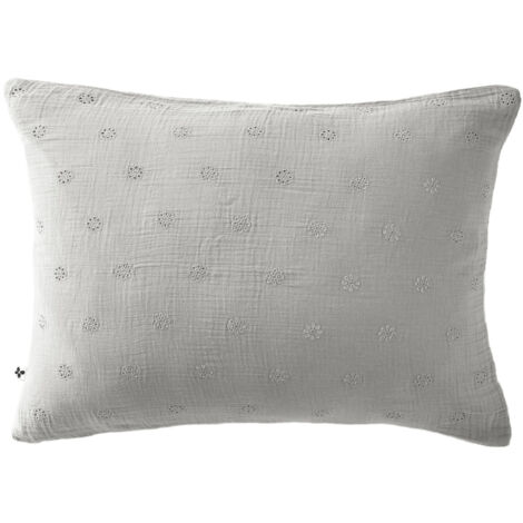 Taie d'oreiller brodée double gaze de coton gris 50x70 cm