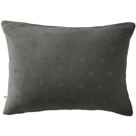 Taie d'oreiller brodée double gaze de coton gris anthracite 50x70 cm
