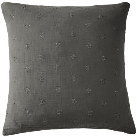 Taie d'oreiller brodée double gaze de coton gris anthracite 60x60 cm