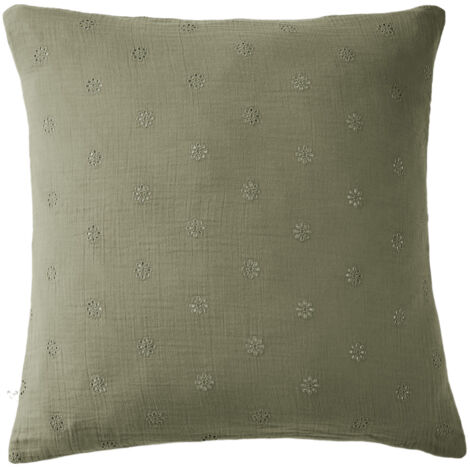 Taie d'oreiller brodée double gaze de coton kaki 60x60 cm