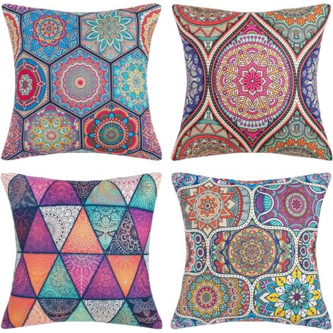 Taie d'oreiller Coton et Lin Bohême Datura Housses De Coussin Carré pour Lit Voiture De La Maison Canapé Chambre Salon Maison Deco Intérieur Extérieur 45x45cm, Ensemble de 4 pièces