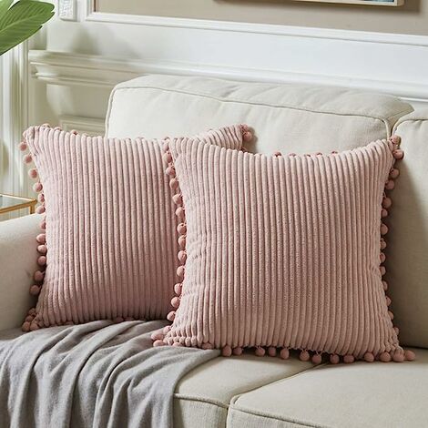 Taie d'oreiller de canapé 2 pièces 45x45cm, housse de coussin élégante avec pompon, oreiller décoratif lit Double, pas de farce rose