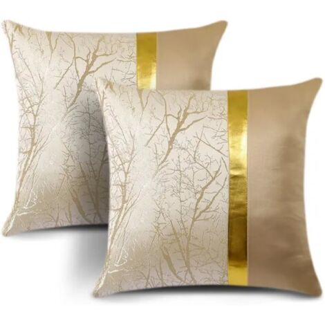 Taie d'oreiller deux pièces pour canapé - Beige avec broderie branche dorée - 45 x 45 cm