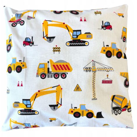Taie d'oreiller en coton, motif excavatrices jaunes sur fond blanc, chantier, 40 x 40 cm
