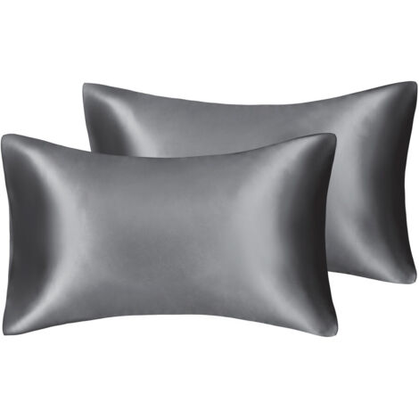 Taie d'oreiller en satin soyeux pour cheveux et visage - Lot de 2 - Anti-rides - Fermeture éclair dissimulée - 50 x 75 cm (Gris)