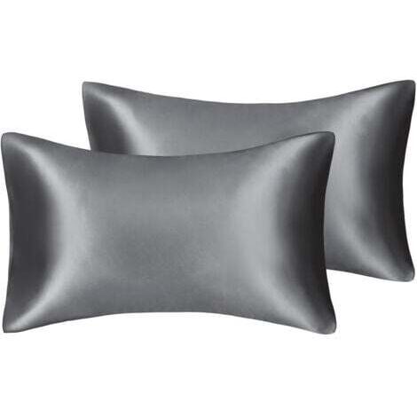 Taie d'oreiller en satin soyeux pour cheveux et visage - Lot de 2 - Anti-rides - Fermeture éclair dissimulée - 50 x 75 cm (Gris)