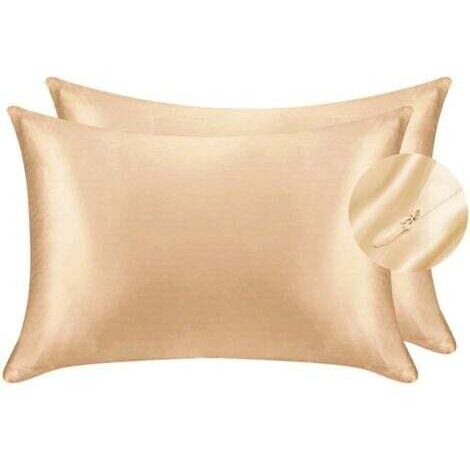 Taie d'oreiller en satin soyeux pour cheveux et visage - Lot de 2 - Anti-rides - Fermeture éclair dissimulée - 50 x 75 cm (or)