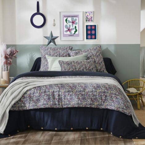 Taie d'oreiller gaze de coton imprimé floral bleu 50x70