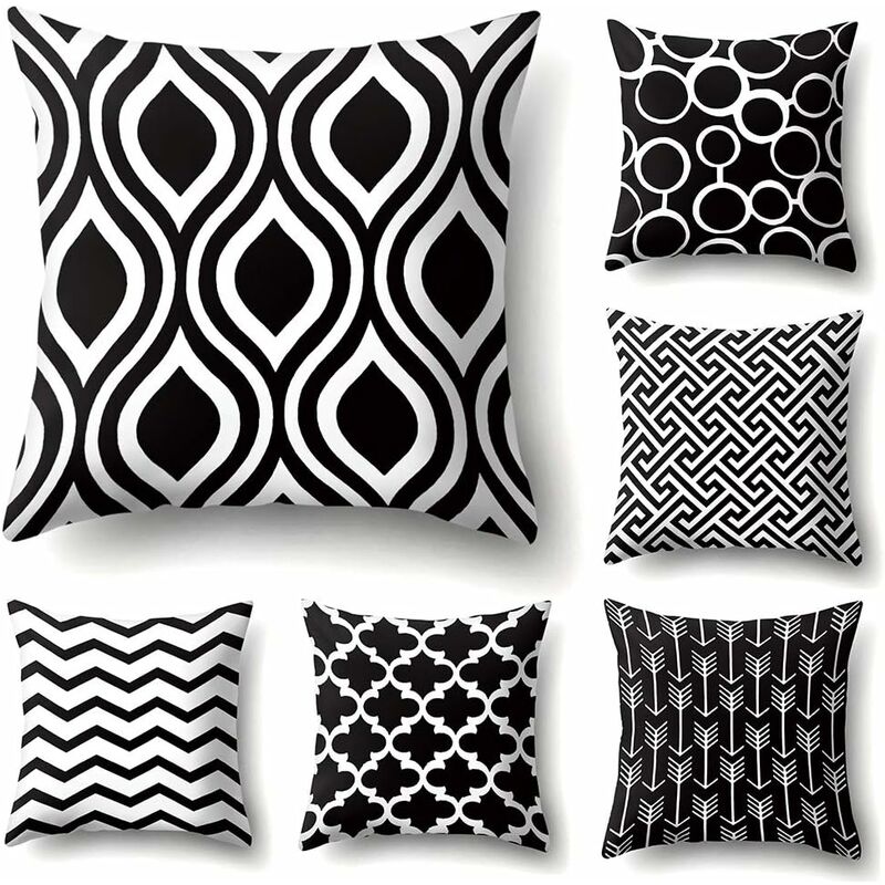 Taie d'oreiller géométrique Super Doux pour canapé-lit Canapé Coussin Housse de Coussin Maison décoratif 45X45cm,Set de 6 (Motif Noir et Blanc)