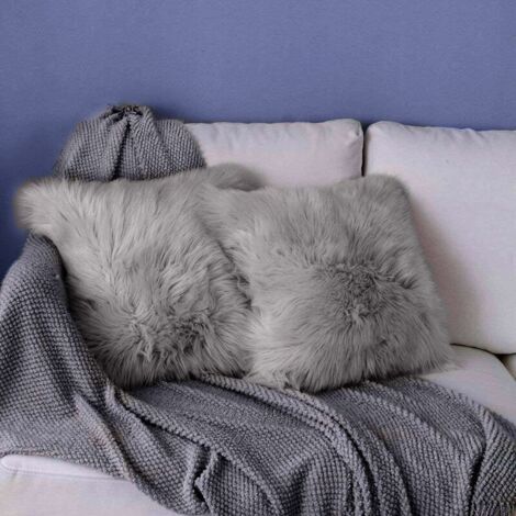Taie d'oreiller Housse de Coussin,Peau de Mouton Fourrure Cuir Taie d'oreiller,Fausse Fourrure Deluxe Décoratif Canapé Chambre Lit Super Doux Peluche Mongolie Taie d'oreiller (2Pcs Gris, 45X45 cm)