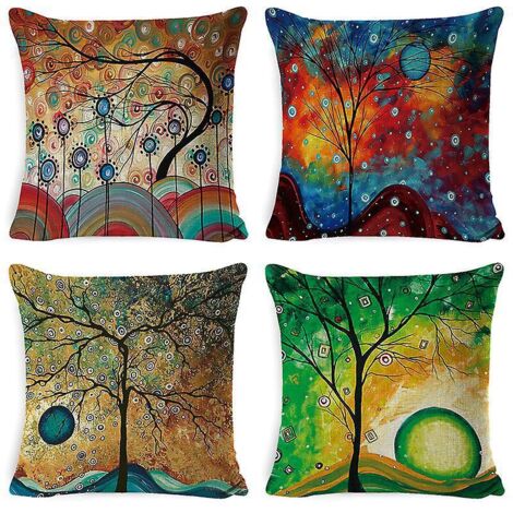 taie D'oreiller, Lot De 4-45 X 45 Cm (arbre Abstrait Peinture  L'huile) En Coton Et Lin Housse De Coussin Carr Pour Lit Voiture De La Maison Canap