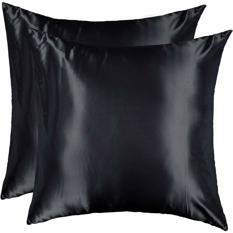 Start - Taie d'oreiller Satin 60x60 Lot de 2 Lisse Elégant Housse Oreiller Carré Confort Soyeux Peau Frais Eté Fermeture Eclair Maison Hôtel, Noir