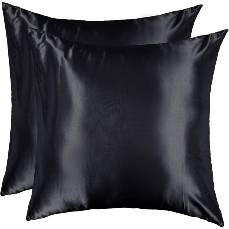 Umnuou - Taie d'oreiller Satin 60x60 Lot de 2 Lisse Elégant Housse Oreiller Carré Confort Soyeux Peau Frais Eté Fermeture Eclair Maison Hôtel, Noir