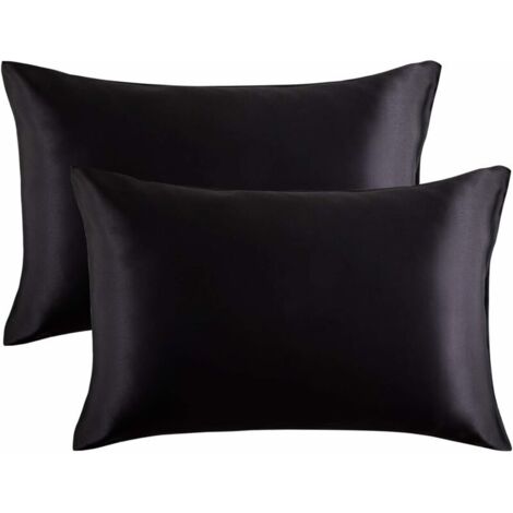 Taie d'oreiller Taie d'oreiller Taie d'oreiller en satin Taie d'oreiller en soie Imitation Taie d'oreiller de couleur pure Taie d'oreiller de literie, 2 (51 × 76cm) Noir