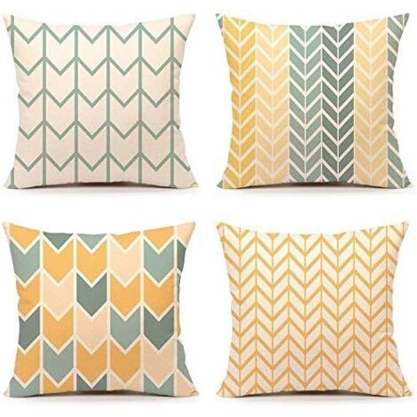 Taies d'oreiller carrées double face décoratives en lin jaune orange - Housses de coussin avec motif géométrique 45 x 45 cm, lot de 4