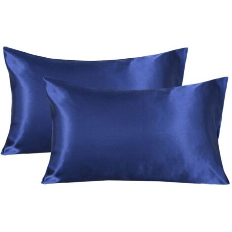 Taies d'oreiller en soie artificielle - Lot de 2 - Respirantes et anti-poussière - Bleu foncé